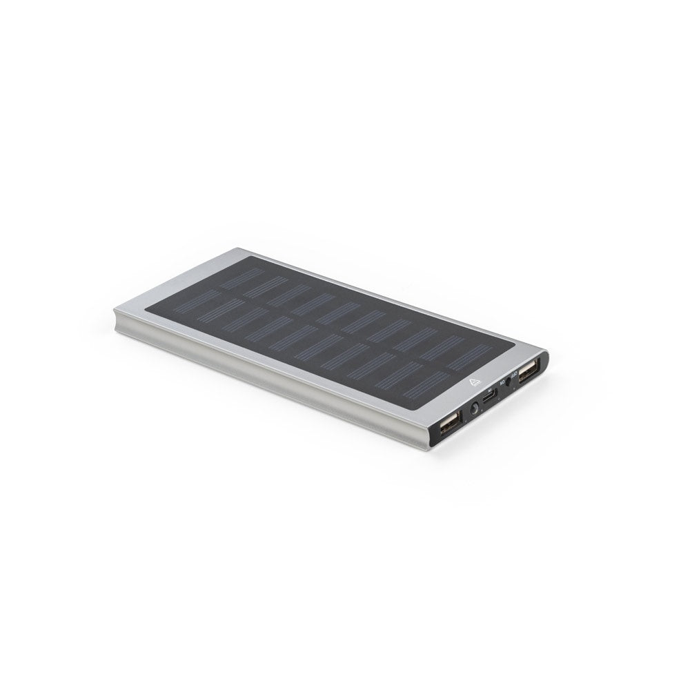 CLERK promotional power bank in satin silver with custom logo branding