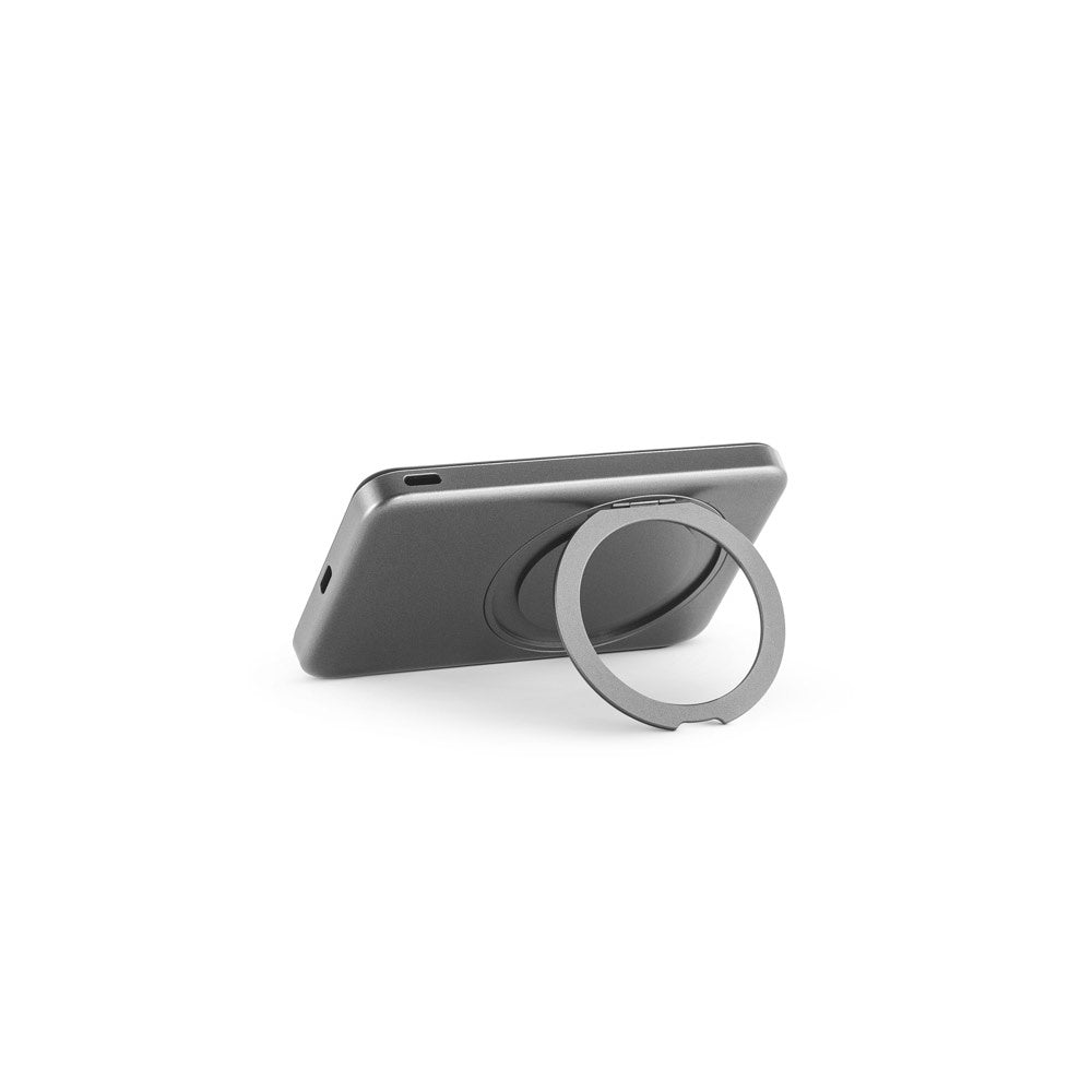 WARSHEL 5 promotional power bank in dark grey (detail view) with custom logo branding