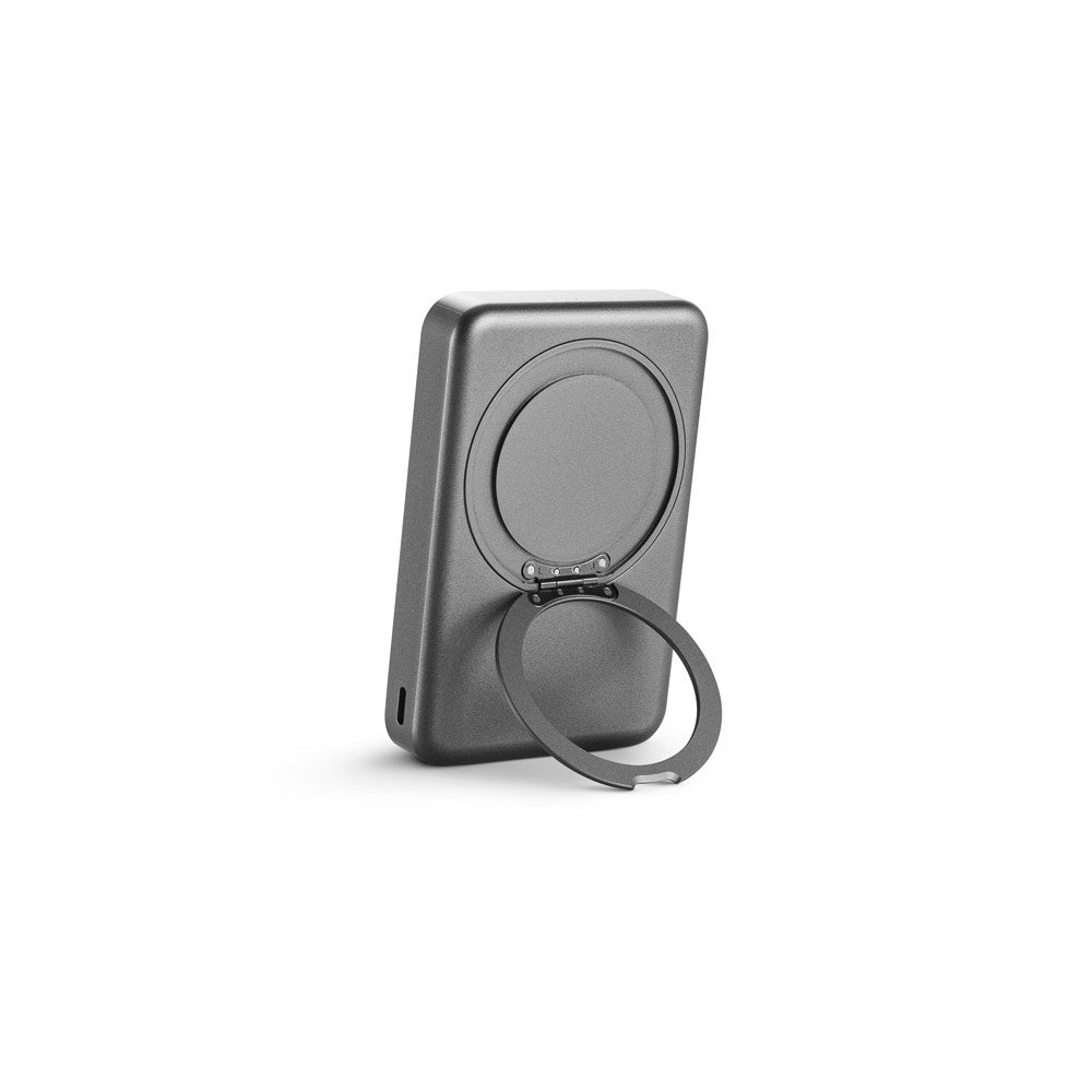 WARSHEL 10 promotional power bank in dark grey (detail view) with custom logo branding