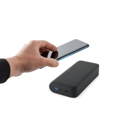 BECKER 20 promotional power bank in black (detail view) with custom logo branding