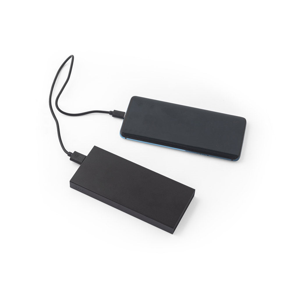 DOROTHY 5 promotional power bank in black (detail view) with custom logo branding