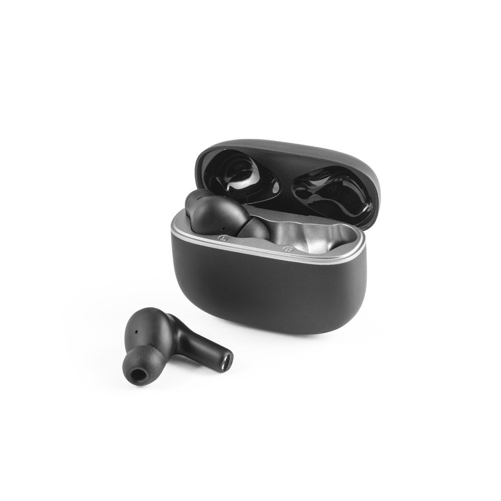 CAUBY promotional headphones in black (detail view) with custom logo branding
