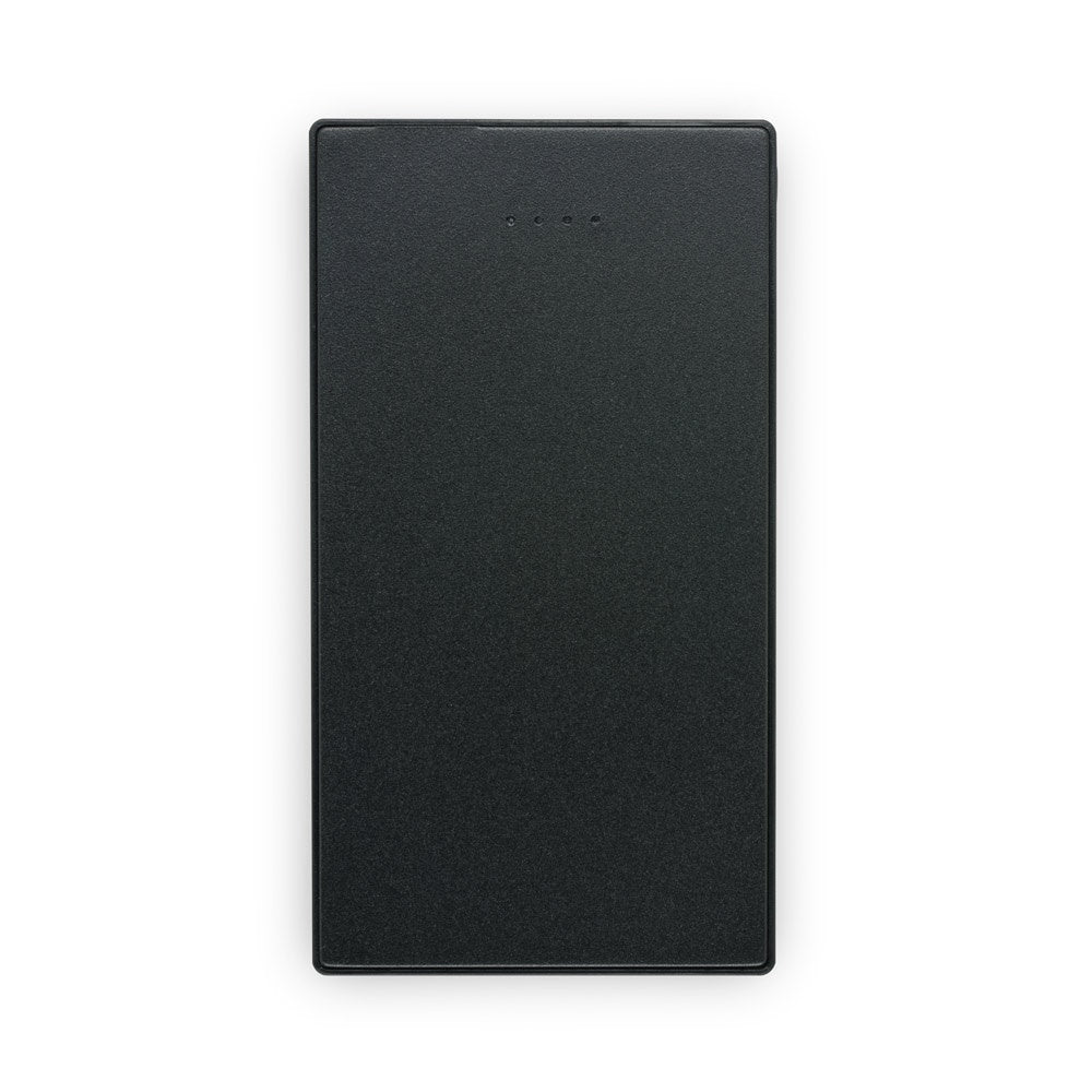 DENNING promotional power bank in black (detail view) with custom logo branding