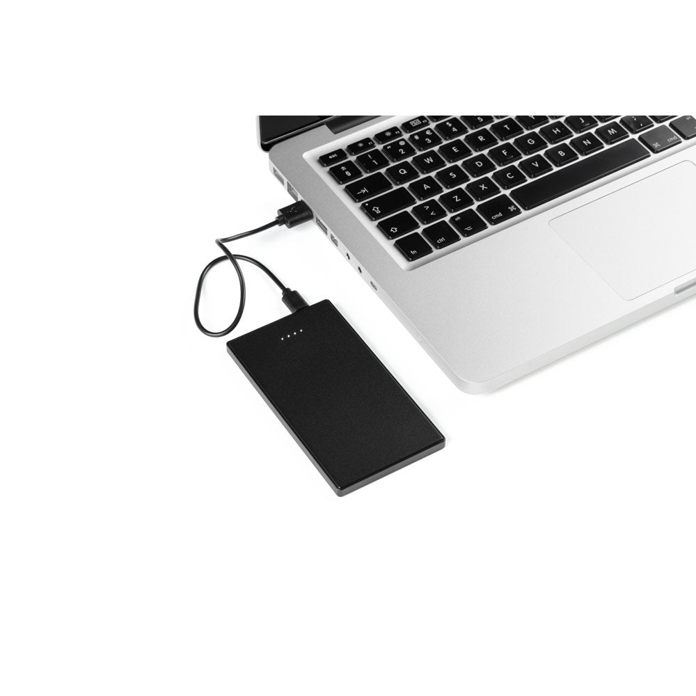 DENNING promotional power bank in black (detail view) with custom logo branding