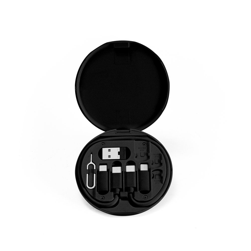 SYSTROM promotional power bank in black (detail view) with custom logo branding