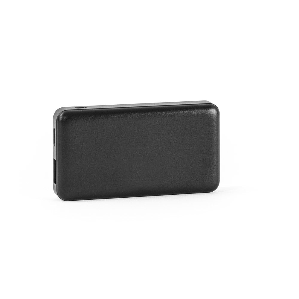 SHERYL promotional power bank in black (detail view) with custom logo branding