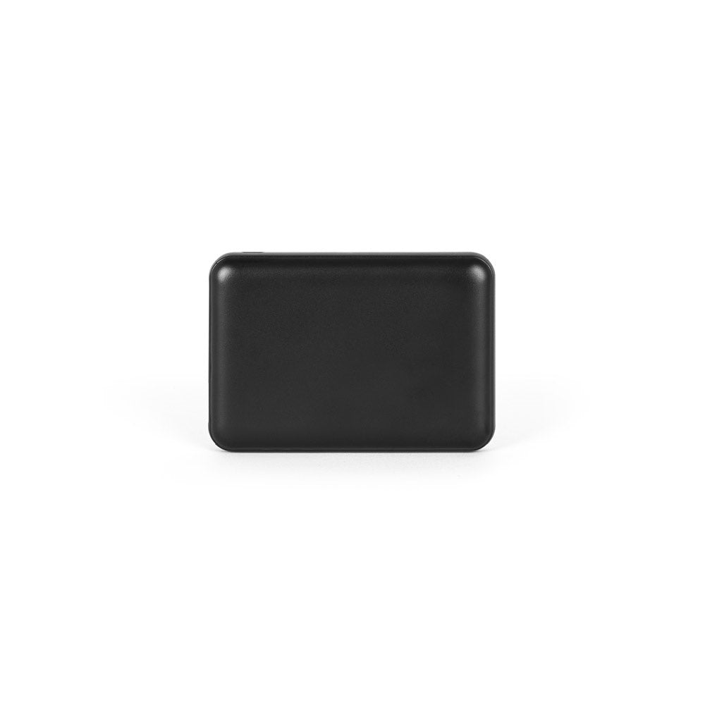 LEAKEY 5 promotional power bank in black (detail view) with custom logo branding