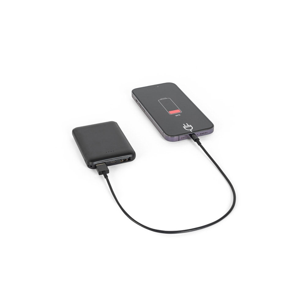 LEAKEY 5 promotional power bank in black (detail view) with custom logo branding