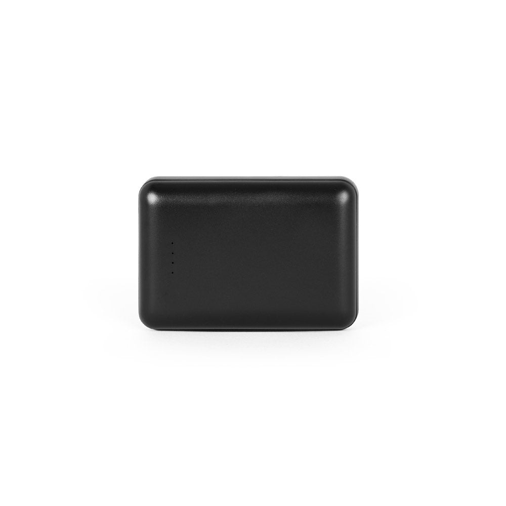 LEAKEY 8 promotional power bank in black (detail view) with custom logo branding