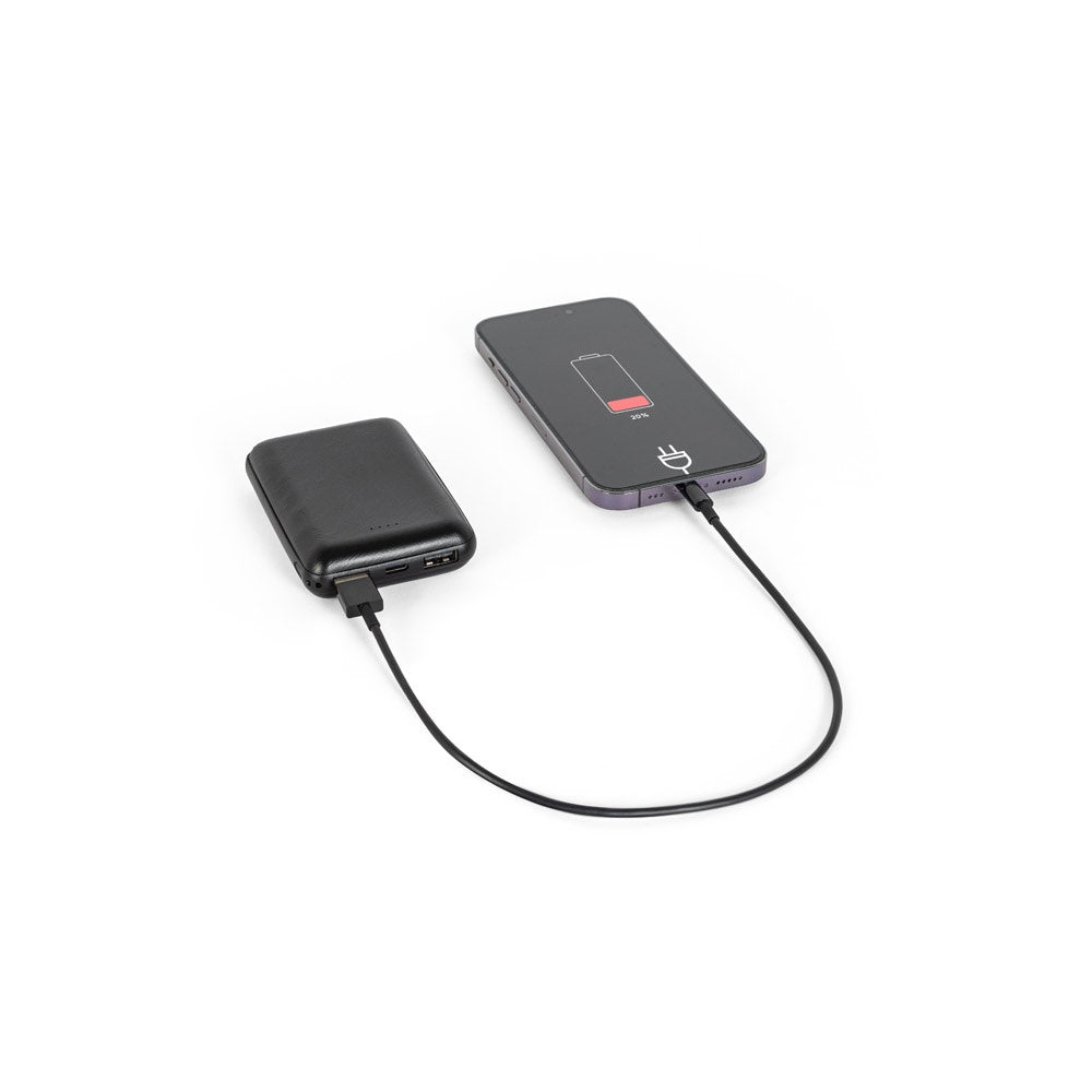 LEAKEY 8 promotional power bank in black (detail view) with custom logo branding