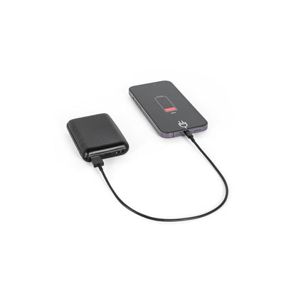 LEAKEY 8 promotional power bank in black (detail view) with custom logo branding