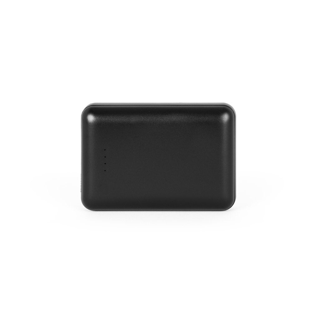 LEAKEY 10 promotional power bank in black (detail view) with custom logo branding