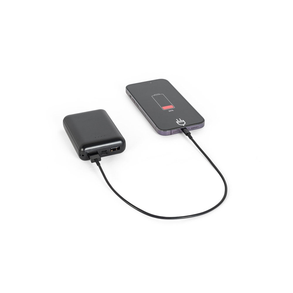 LEAKEY 10 promotional power bank in black (detail view) with custom logo branding
