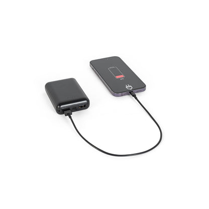 LEAKEY 10 promotional power bank in black (detail view) with custom logo branding