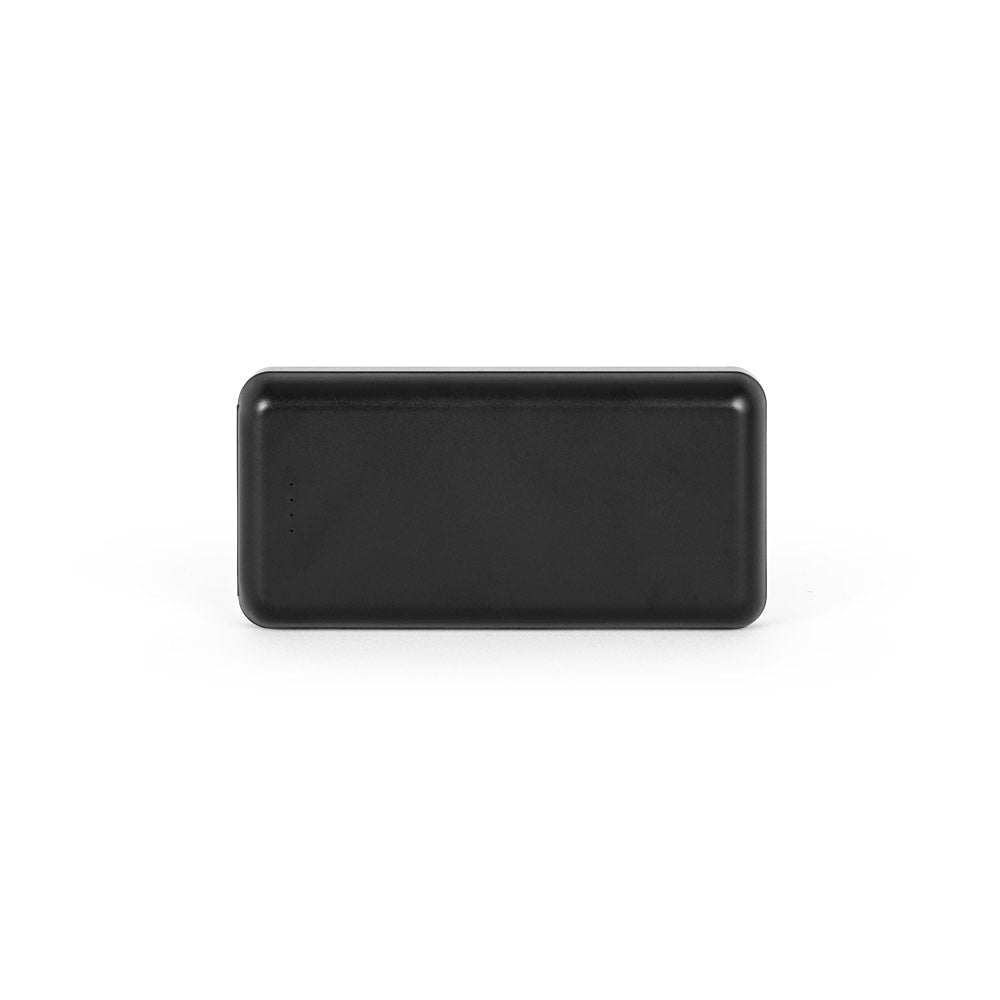 LEAKEY 20 promotional power bank in black (detail view) with custom logo branding