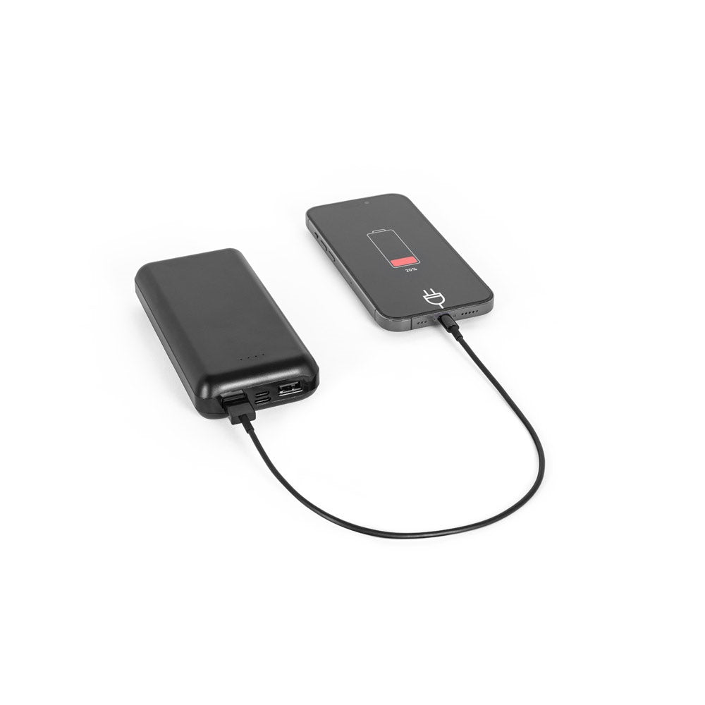 LEAKEY 20 promotional power bank in black (detail view) with custom logo branding