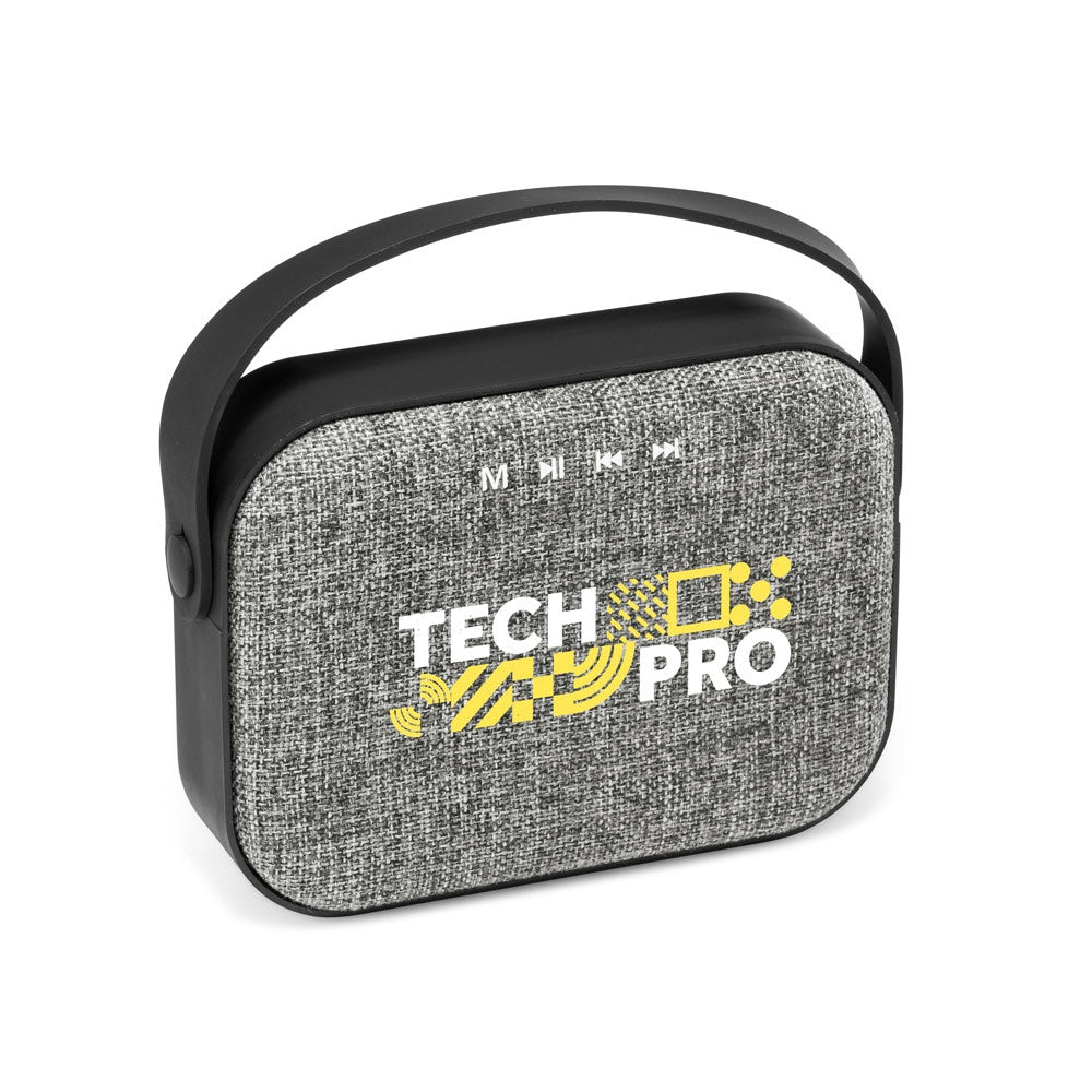 TEDS promotional speaker in grey with custom logo branding