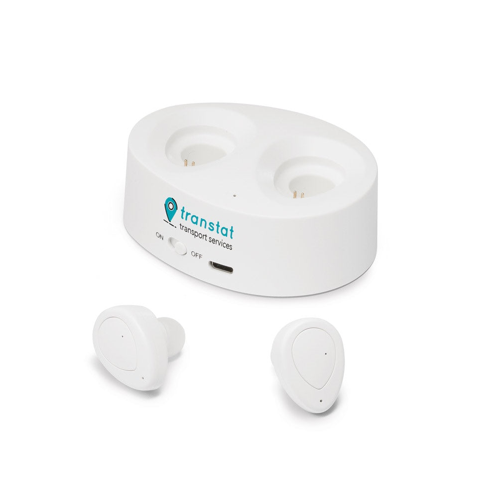 CHARGAFF promotional headphones in white with custom logo branding