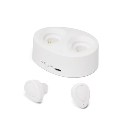 CHARGAFF promotional headphones in white (detail view) with custom logo branding