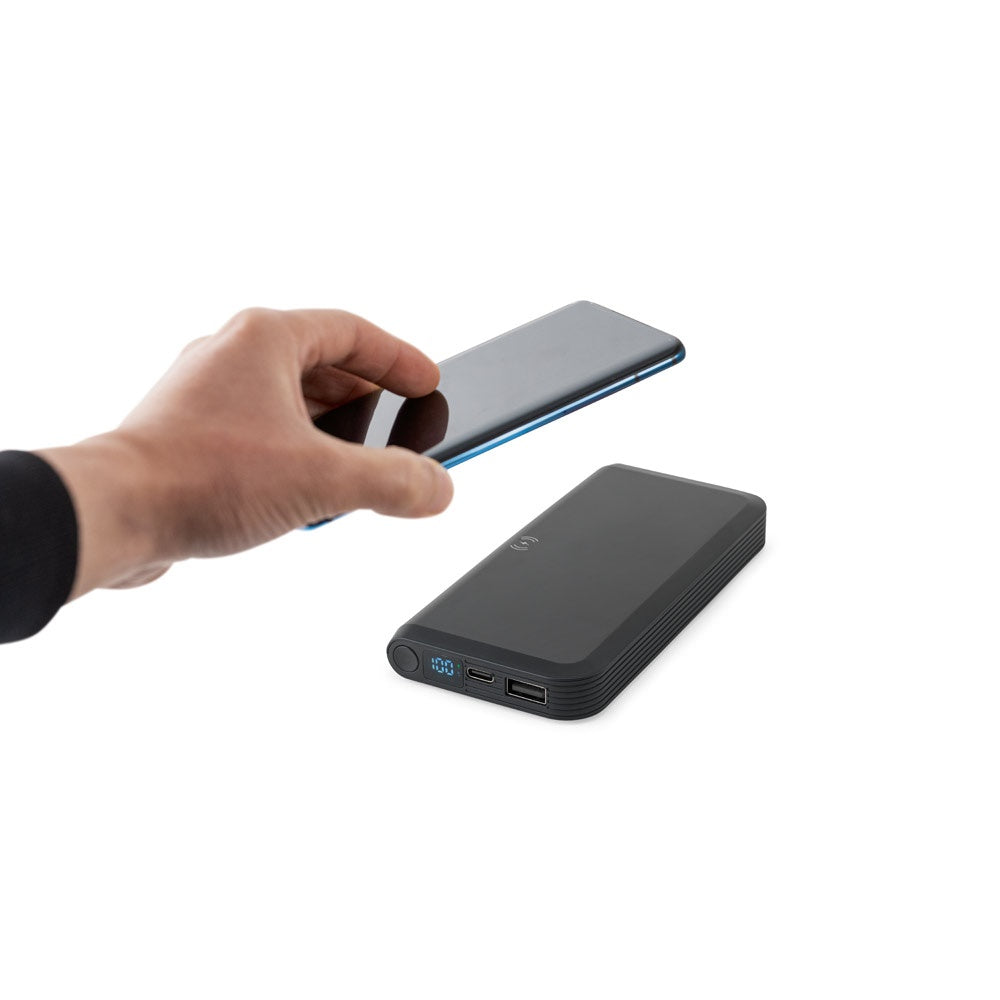 BECKER 10 promotional power bank in black (detail view) with custom logo branding