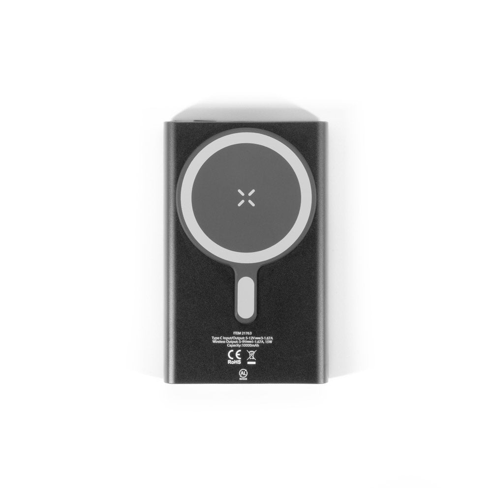 WRIGHT 5 promotional power bank in black (detail view) with custom logo branding