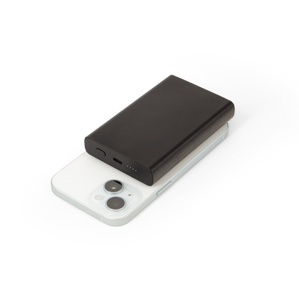 WRIGHT 10 promotional power bank in black (detail view) with custom logo branding