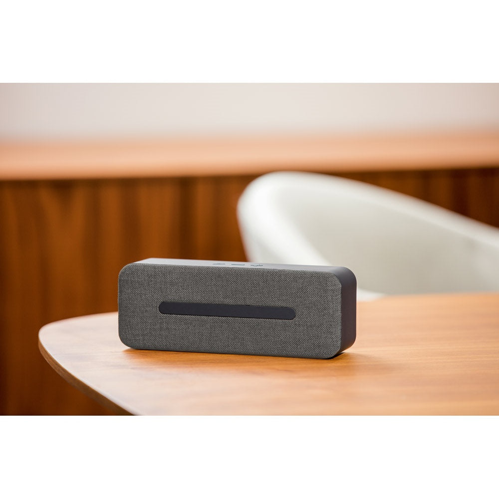 THUNDER promotional speaker in dark grey (detail view) with custom logo branding