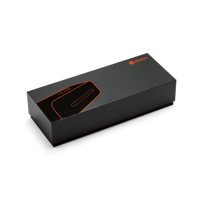 THUNDER promotional speaker in dark grey (gift box packaging) with custom logo branding