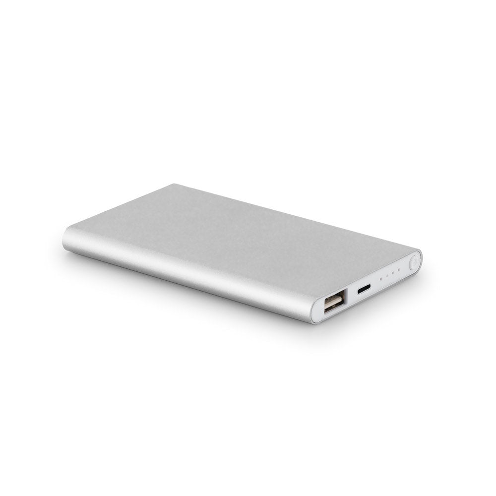 MARCET promotional power bank in satin silver with custom logo branding
