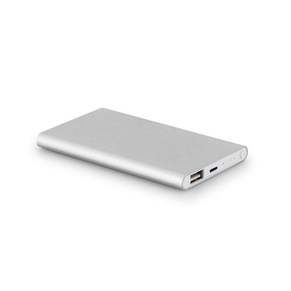MARCET promotional power bank in satin silver with custom logo branding