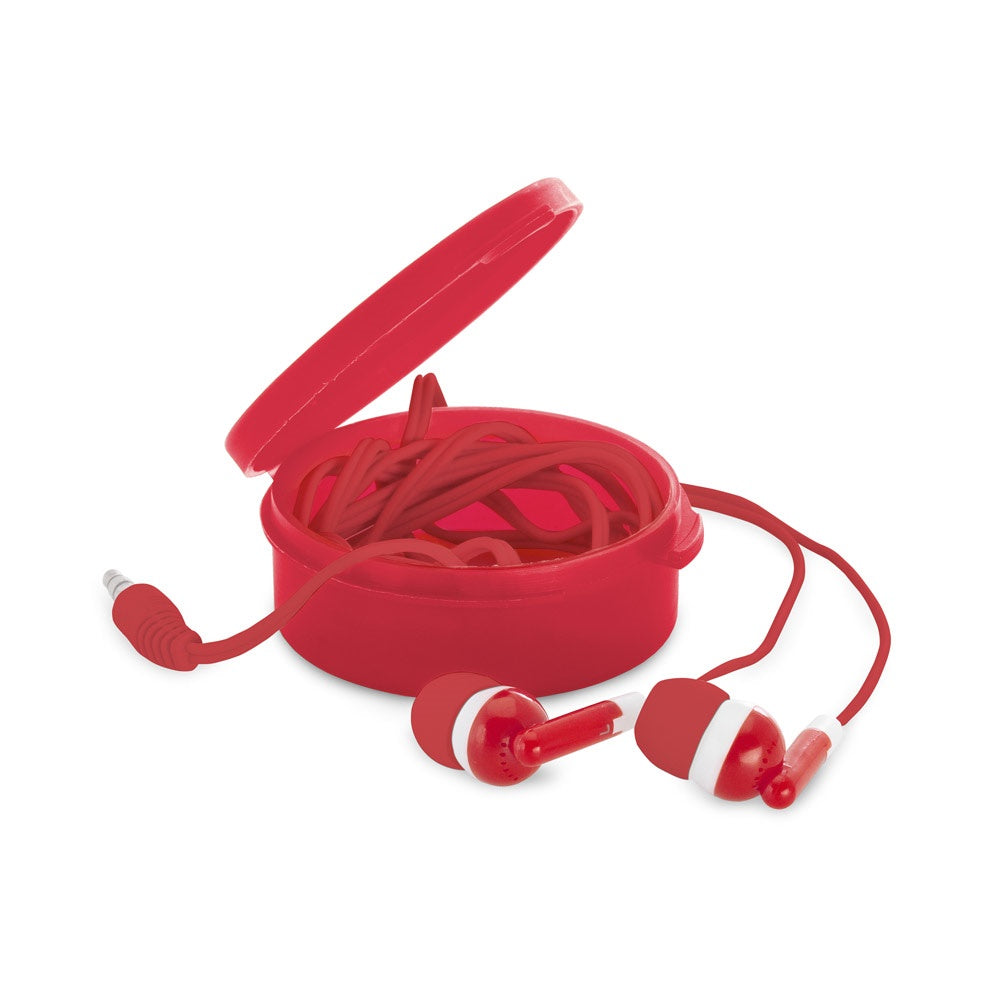 GERMAIN promotional headphones in red (detail view) with custom logo branding