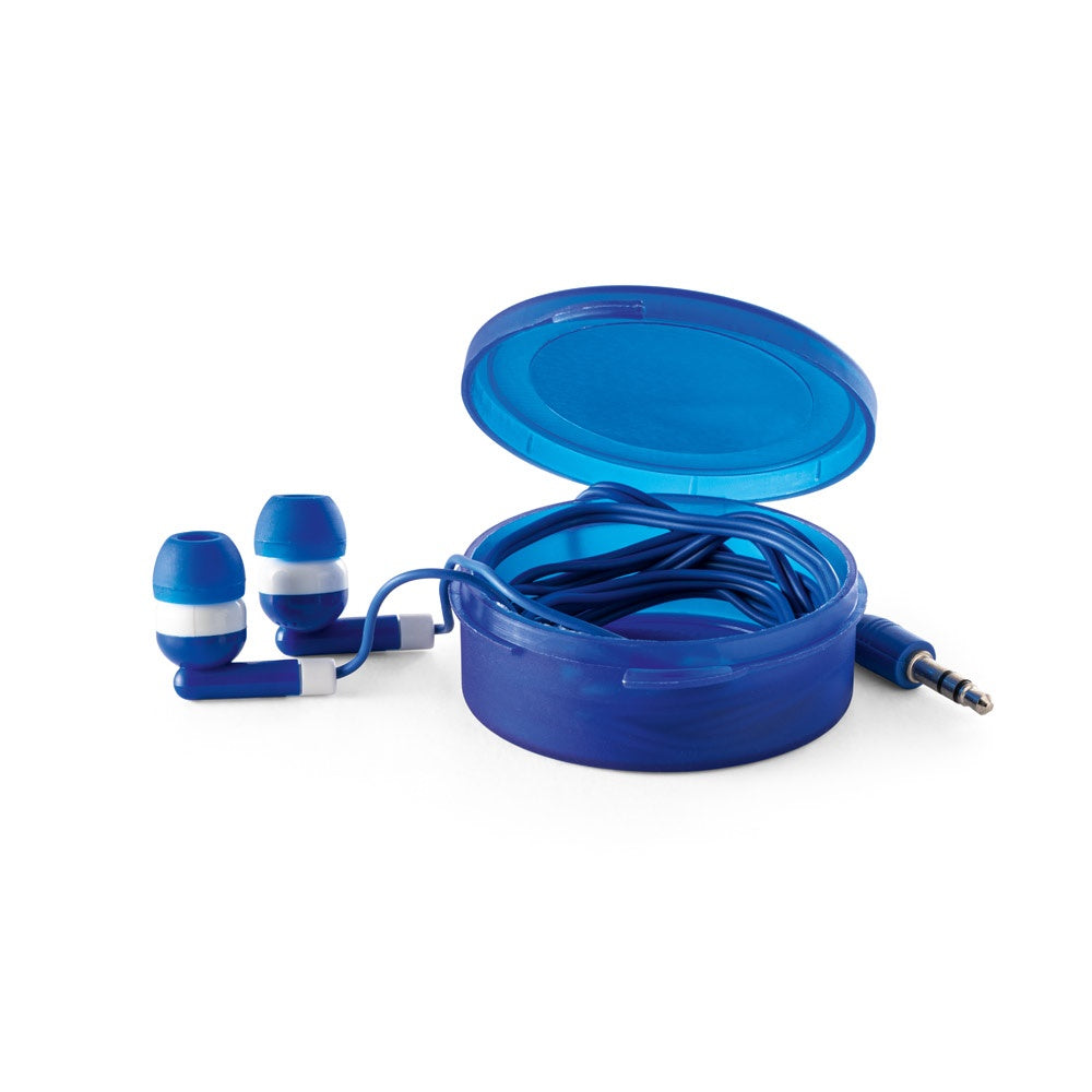 GERMAIN promotional headphones in royal blue (detail view) with custom logo branding