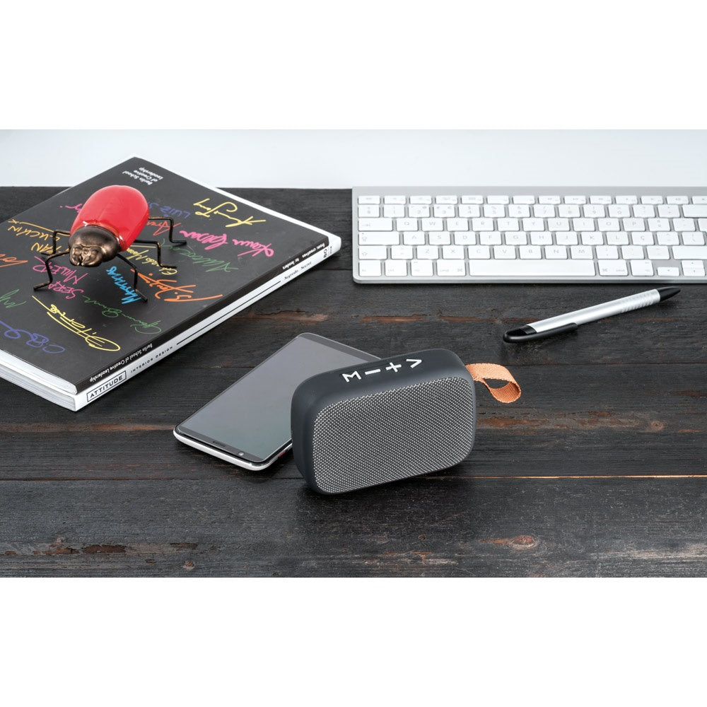 GANTE promotional speaker in grey with custom logo branding