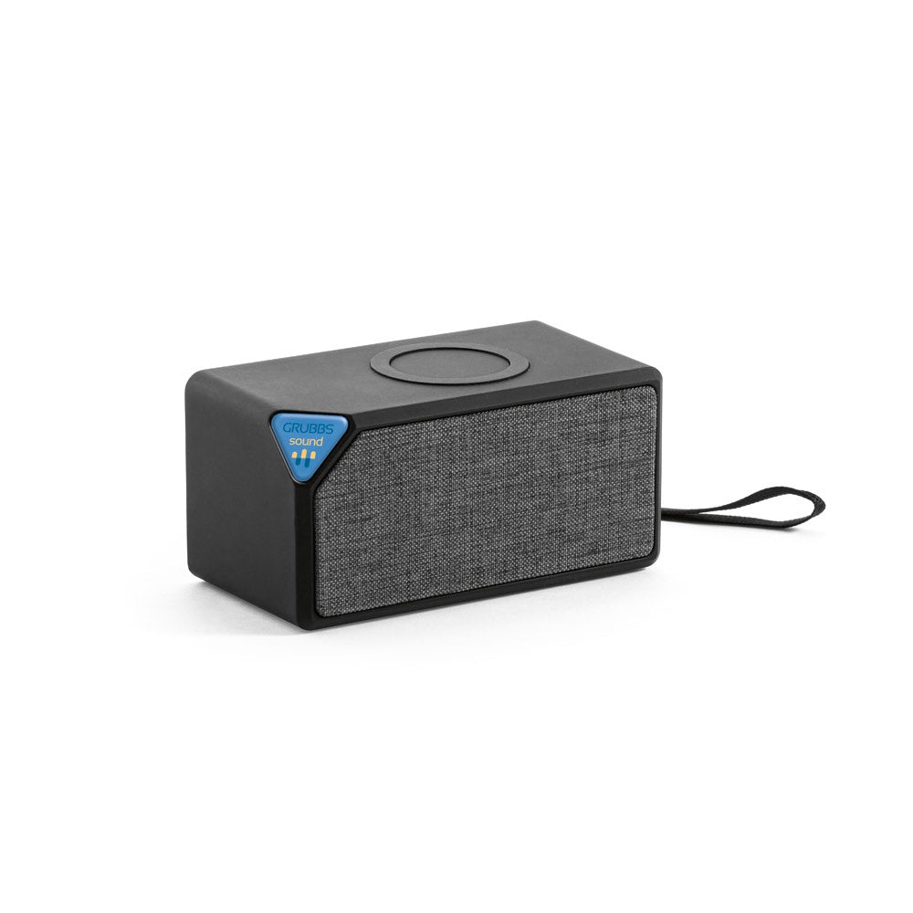 GRUBBS promotional speaker in black with custom logo branding