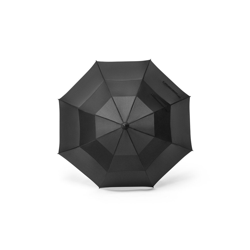 GAVIN promotional umbrella in black (detail view) with custom logo branding