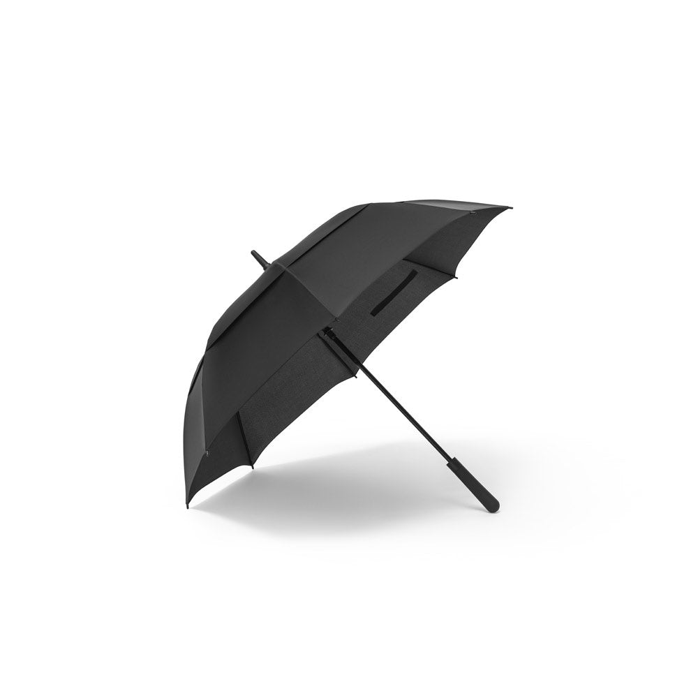 GAVIN promotional umbrella in black (detail view) with custom logo branding