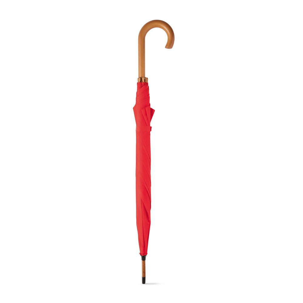 BETSEY promotional umbrella in red (detail view) with custom logo branding