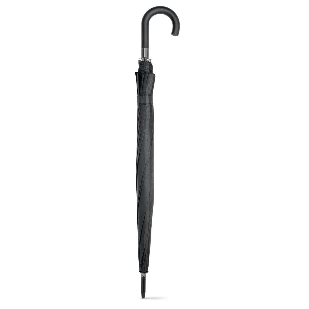GUIL promotional umbrella in black (detail view) with custom logo branding