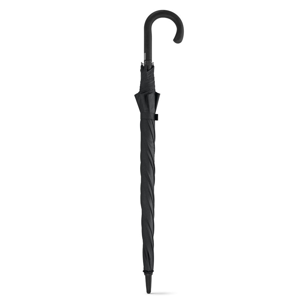 ALBERT promotional umbrella in black (detail view) with custom logo branding