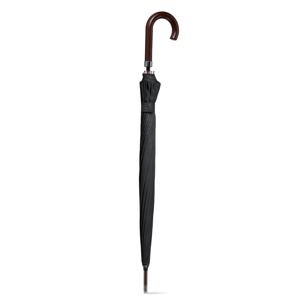 HEDI promotional umbrella in black (detail view) with custom logo branding