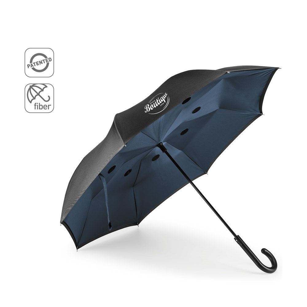 ANGELA promotional umbrella (complete set view) with custom logo branding