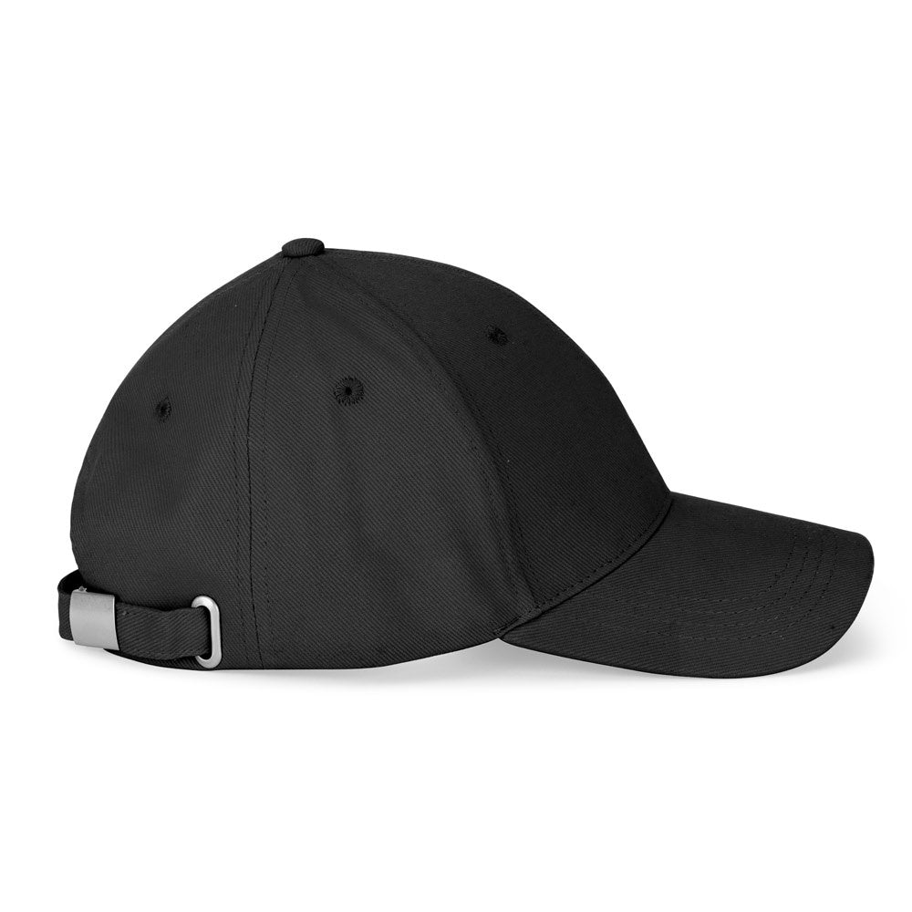 NATHAN promotional cap in black (detail view) with custom logo branding
