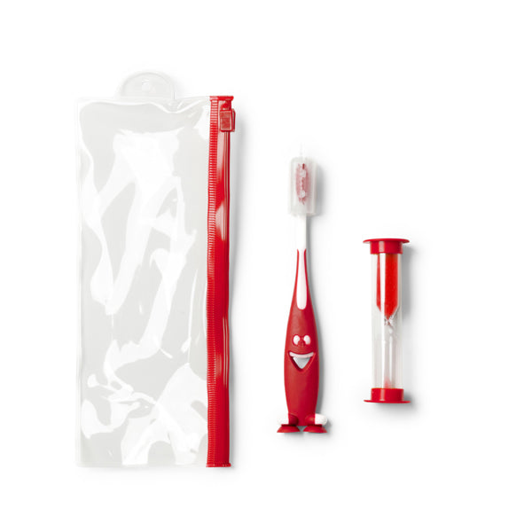 Stamina MESLER Toothbrush set with sand clock in red - promotional merchandise printed with your company logo