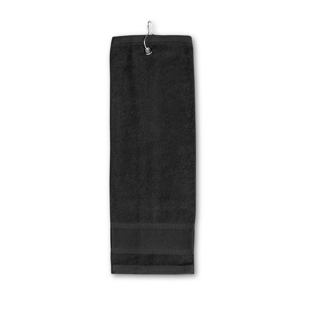 GOLFI promotional towel in black (detail view) with custom logo branding