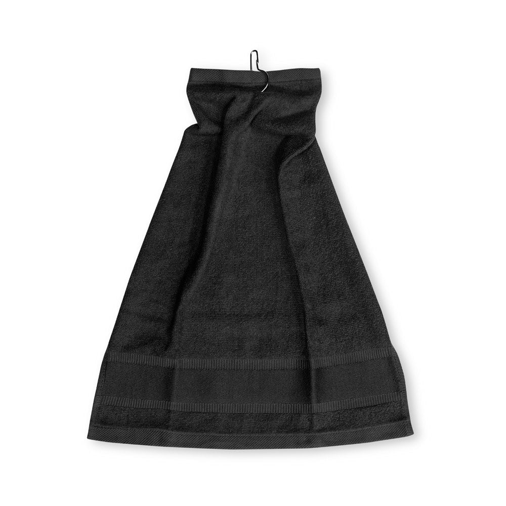 GOLFI promotional towel in black (detail view) with custom logo branding