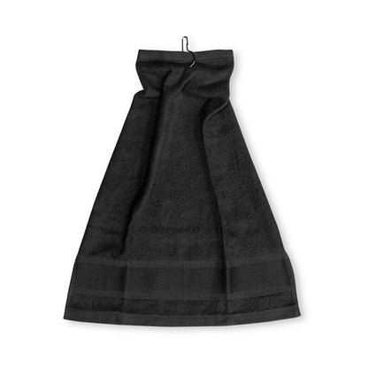 GOLFI promotional towel in black (detail view) with custom logo branding
