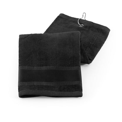 GOLFI promotional towel in black with custom logo branding