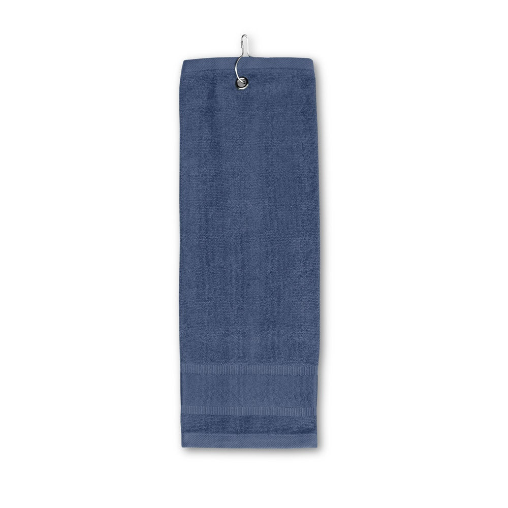 GOLFI promotional towel in blue (detail view) with custom logo branding