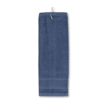 GOLFI promotional towel in blue (detail view) with custom logo branding