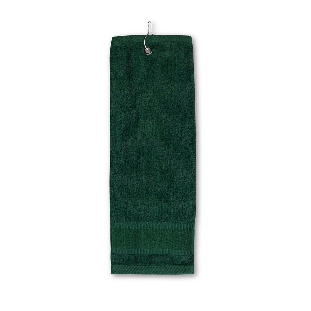 GOLFI promotional towel in dark green (detail view) with custom logo branding